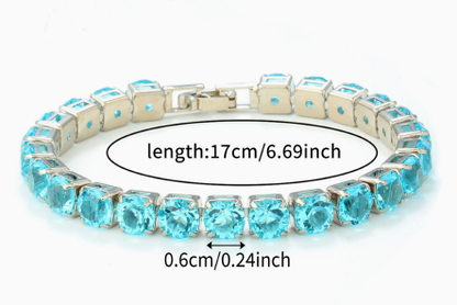 6 mm Round Stone Titanium Steel Tennis Bracelet, Silver Tone, Aqua Blue, Faceted.