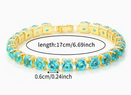 6 mm Round Stone Titanium Steel Tennis Bracelet, Gold Tone, Aqua Blue, Faceted.