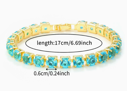 6 mm Round Stone Titanium Steel Tennis Bracelet, Gold Tone, Aqua Blue, Faceted.