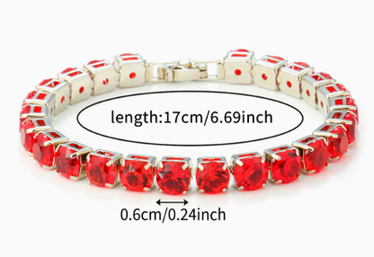 6 mm Round Stone Titanium Steel Tennis Bracelet, Silver Tone, Red, Faceted.