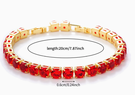 6 mm Round Stone Titanium Steel Tennis Bracelet, Gold Tone, Red, Faceted.