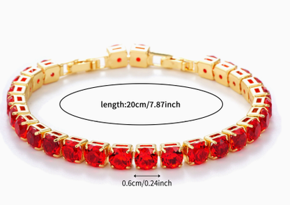 6 mm Round Stone Titanium Steel Tennis Bracelet, Gold Tone, Red, Faceted.
