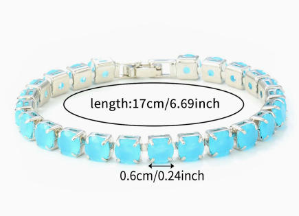 6 mm Round Stone Titanium Steel Tennis Bracelet, Silver Tone, Aqua Blue, Jade-Look.