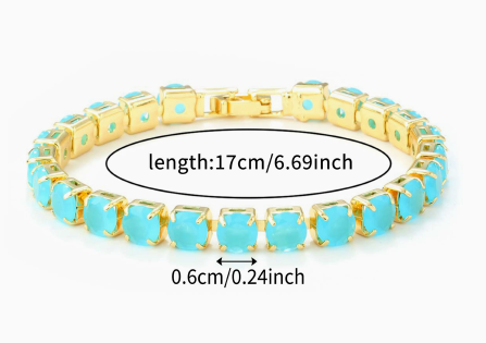 6 mm Round Stone Titanium Steel Tennis Bracelet, Gold Tone, Aqua Blue, Jade-Look.