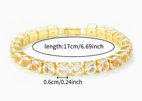 6 mm Round Stone Titanium Steel Tennis Bracelet, Gold Tone, Clear, Faceted.