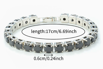 6 mm Round Stone Titanium Steel Tennis Bracelet, Silver Tone, Black, Classic Round.