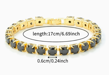 6 mm Round Stone Titanium Steel Tennis Bracelet, Gold Tone, Black, Classic Round.