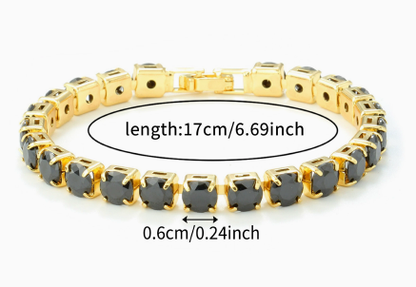 6 mm Round Stone Titanium Steel Tennis Bracelet, Gold Tone, Black, Classic Round.