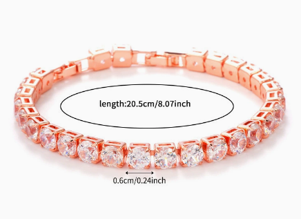 6 mm Round Stone Titanium Steel Tennis Bracelet, Rose Gold Tone, Clear, Faceted.