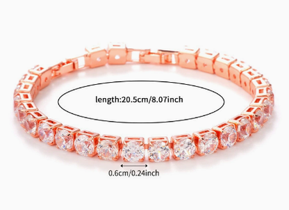 6 mm Round Stone Titanium Steel Tennis Bracelet, Rose Gold Tone, Clear, Faceted.