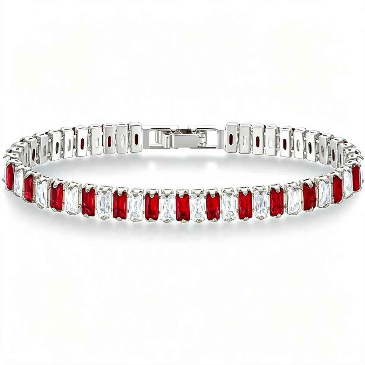 Silver Tone tennis bracelet with alternating red and clear rectangular stones and a clasp.