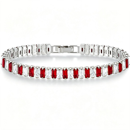 Silver Tone tennis bracelet with alternating red and clear rectangular stones and a clasp.