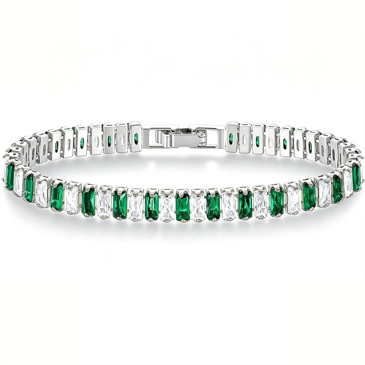 Silver Tone tennis bracelet with alternating green and clear rectangular stones and a clasp.