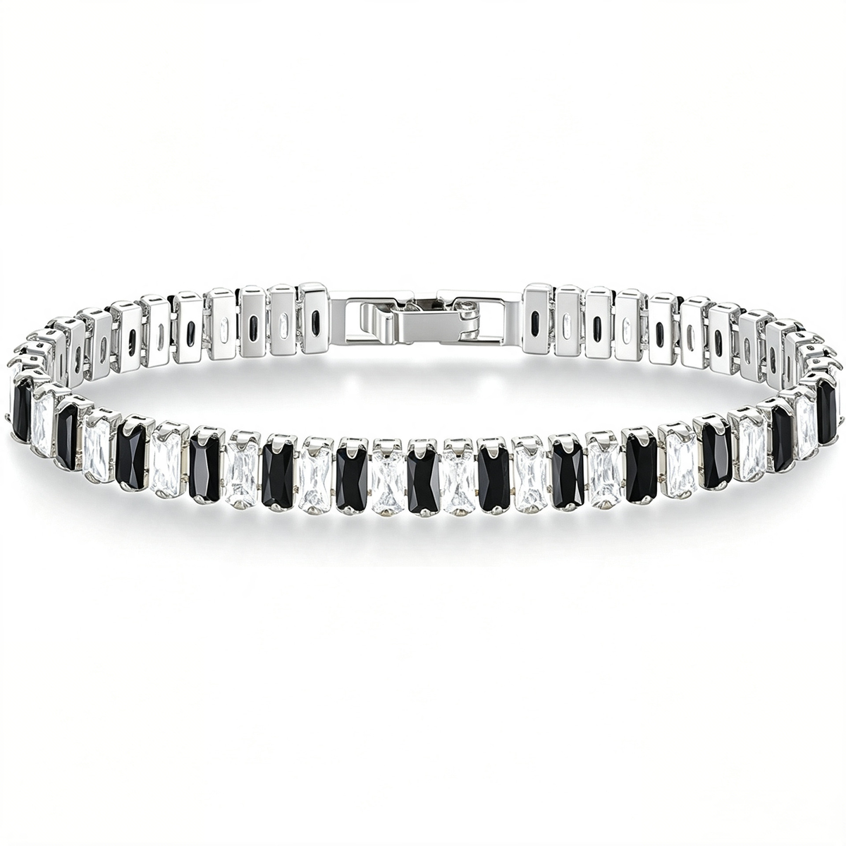 Silver Tone tennis bracelet with alternating black and clear rectangular stones and a clasp.