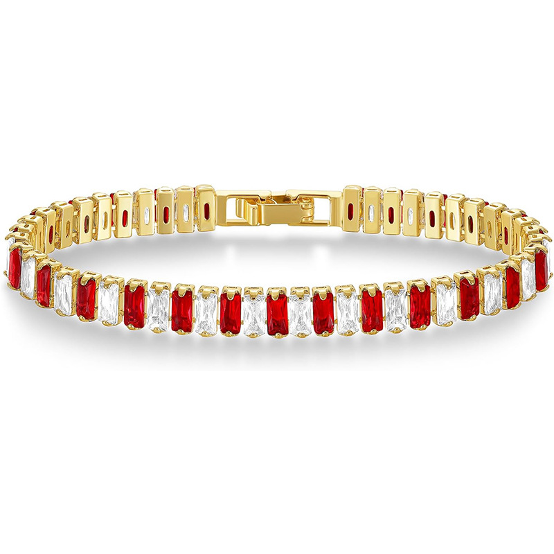 Gold Tone tennis bracelet with alternating red and clear rectangular stones and a clasp.