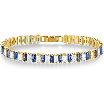 Gold Tone tennis bracelet with alternating blue and clear rectangular stones and a clasp.