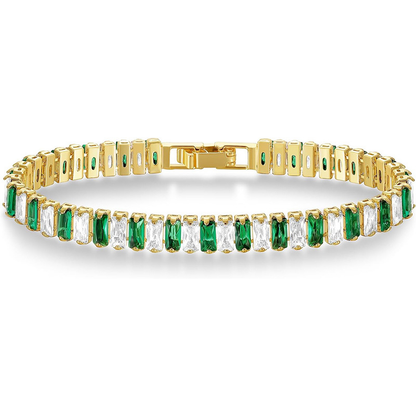 Gold Tone tennis bracelet with alternating green and clear rectangular stones and a clasp.