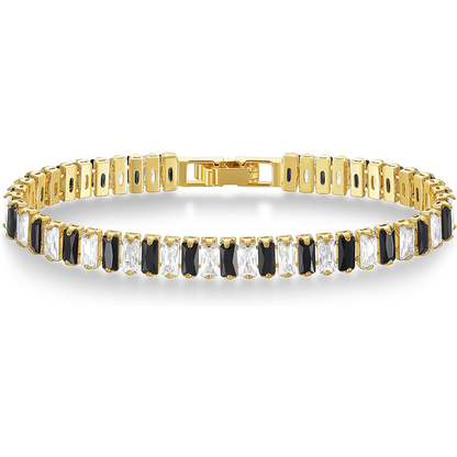 Gold Tone tennis bracelet with alternating black and clear rectangular stones and a clasp.