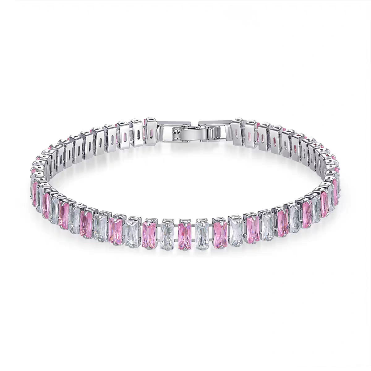 Silver Tone tennis bracelet with alternating pink and clear rectangular stones and a clasp.