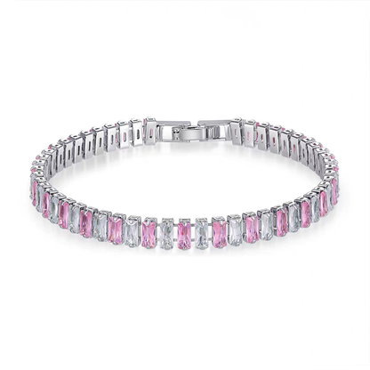 Silver Tone tennis bracelet with alternating pink and clear rectangular stones and a clasp.