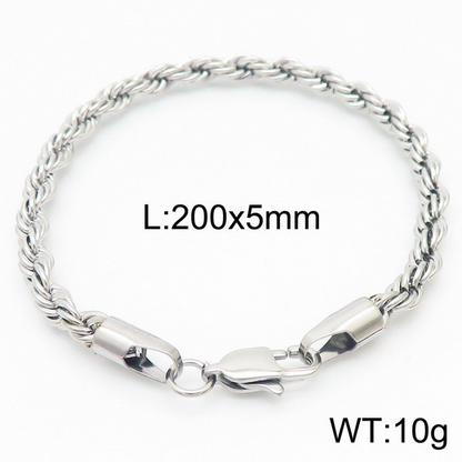 Silver-tone rope chain bracelet with lobster clasp; image labels 200 x 5 mm and 10 g.