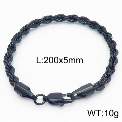 Black rope chain bracelet with lobster clasp; image labels 200 x 5 mm and 10 g.